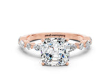 Rose gold Cushion Cut Moissanite Solitaire with Side Stones on a Pavé Band and Four-Prong Setting
