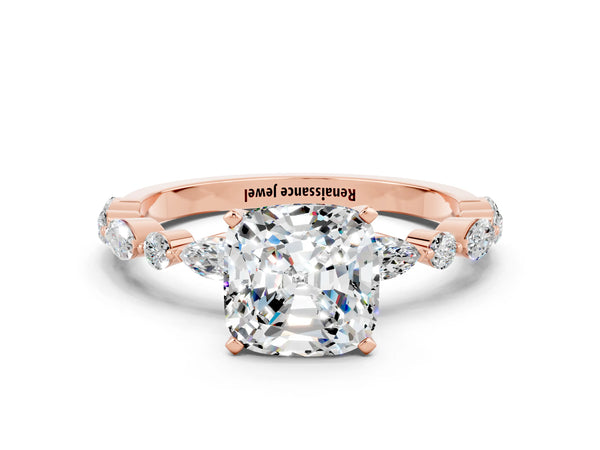 Rose gold Cushion Cut Moissanite Ring with Marquise and Round  Side Stones and Four-Prong Setting
