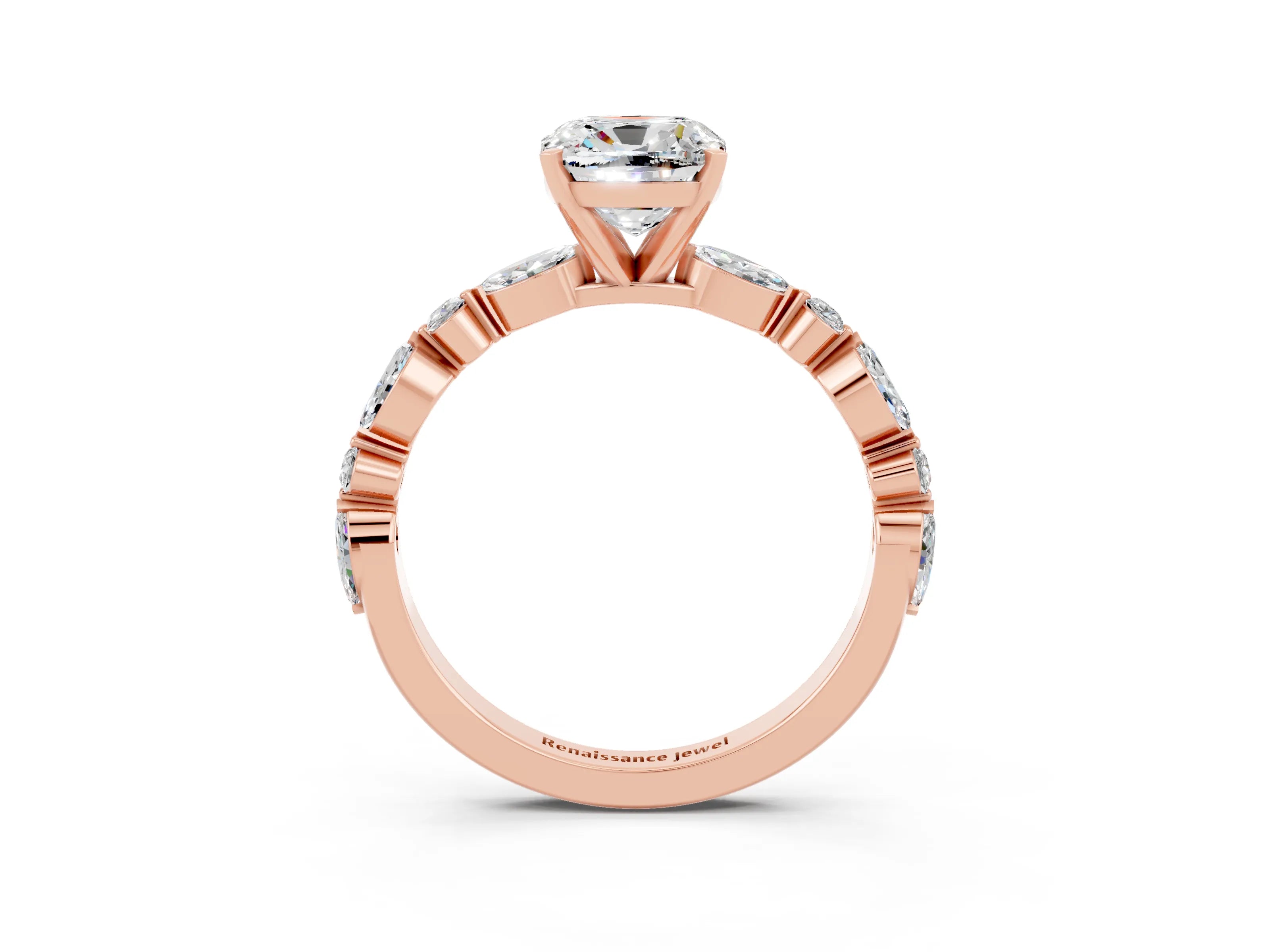 Rose gold Cushion Cut Moissanite Solitaire with Side Stones on a Pavé Band and Four-Prong Setting_3