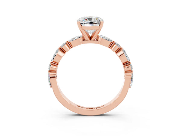 Rose gold Cushion Cut Moissanite Ring with Marquise and Round  Side Stones and Four-Prong Setting