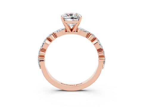 Rose gold Cushion Cut Moissanite Solitaire with Side Stones on a Pavé Band and Four-Prong Setting_3