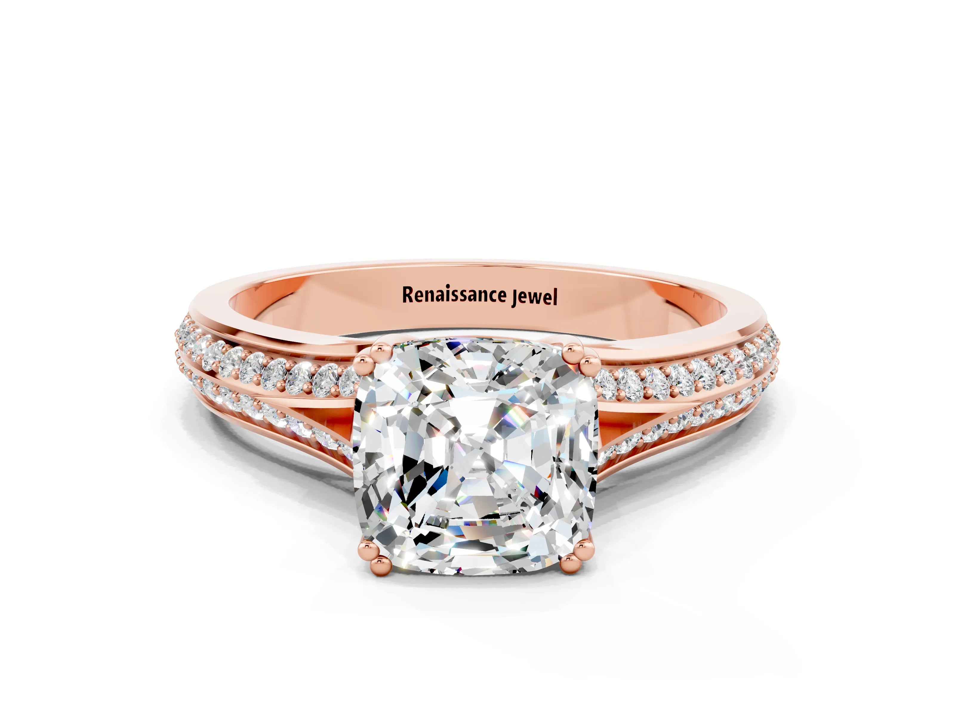 Rose gold Cushion Cut Moissanite Split Shank Engagement Ring with Pavé Band