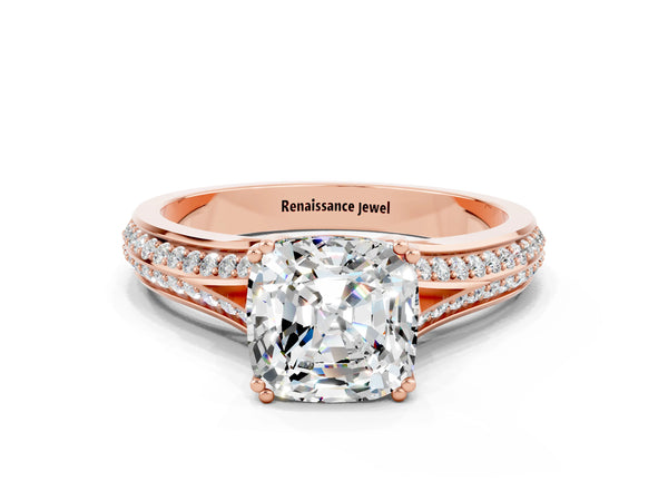 Rose gold Cushion Cut Moissanite Split Shank Engagement Ring with Pavé Band