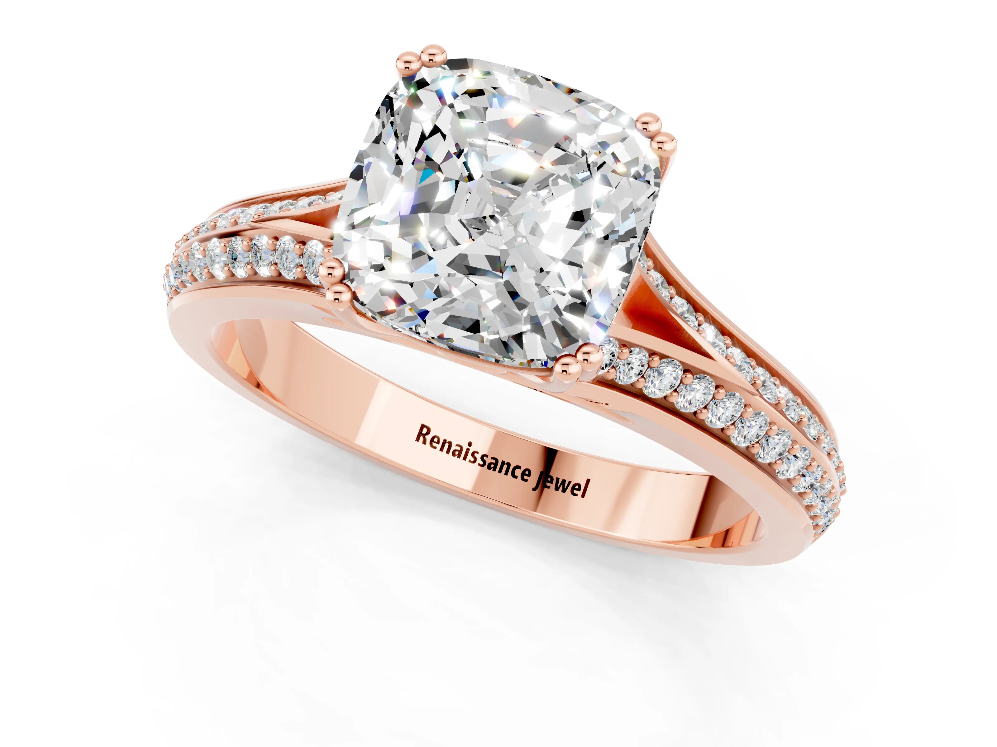 Rose gold Cushion Cut Moissanite Split Shank Engagement Ring with Pavé Band_1
