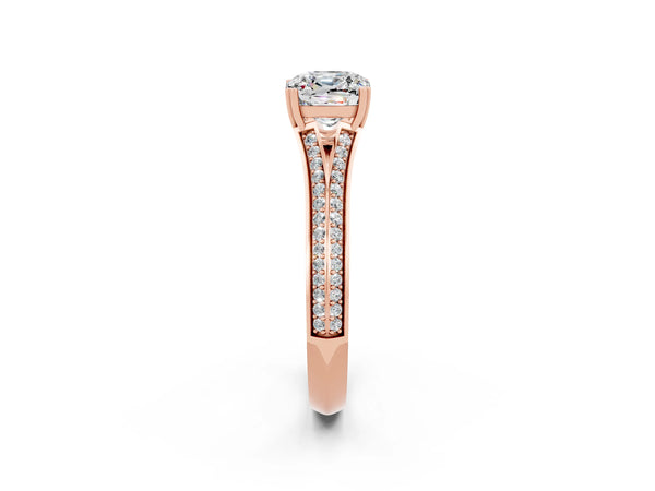 Rose gold Cushion Cut Moissanite Split Shank Engagement Ring with Pavé Band