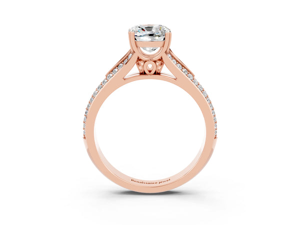 Rose gold Cushion Cut Moissanite Split Shank Engagement Ring with Pavé Band