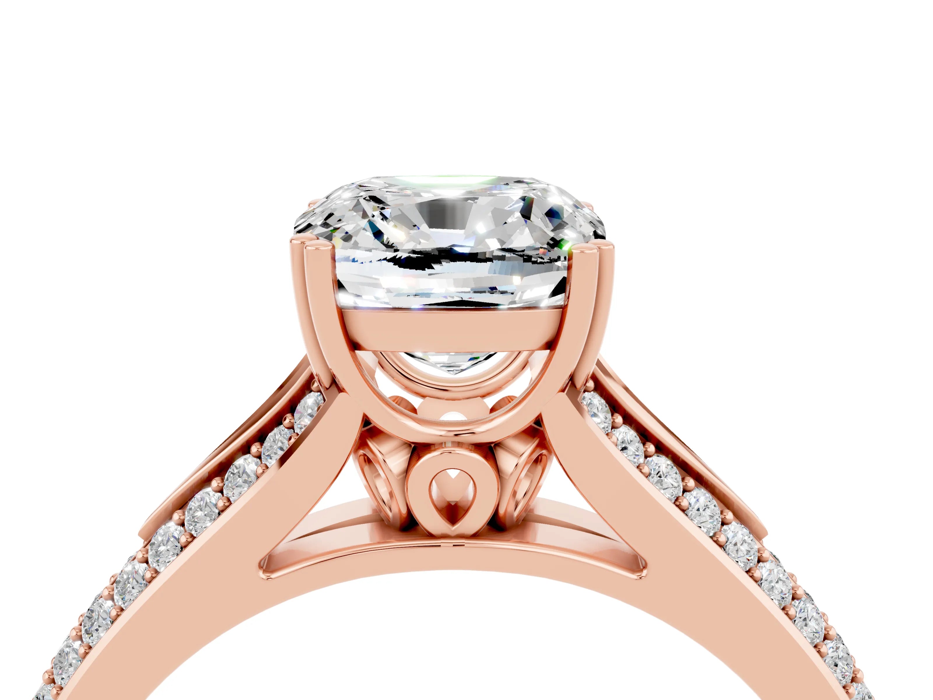 Rose gold Cushion Cut Moissanite Split Shank Engagement Ring with Pavé Band_4