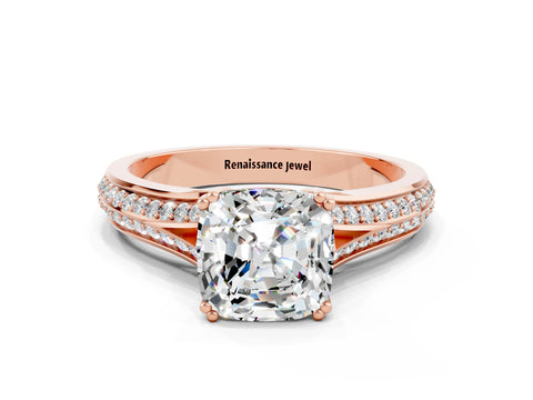Rose gold Cushion Cut Moissanite Split Shank Engagement Ring with Pavé Band