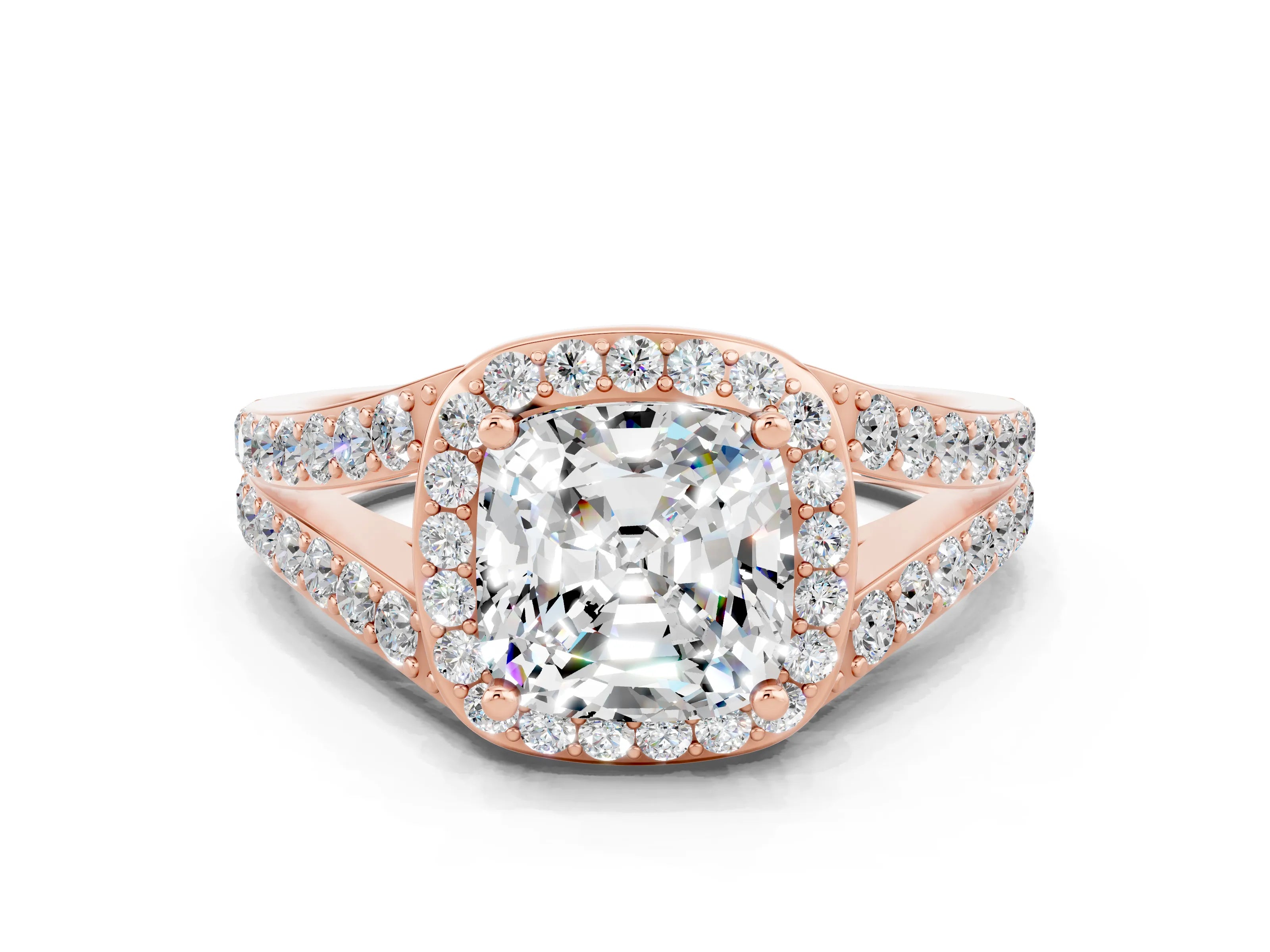 Rose gold Cushion Cut Moissanite Split Shank Halo Ring with Four-Prong Setting_12