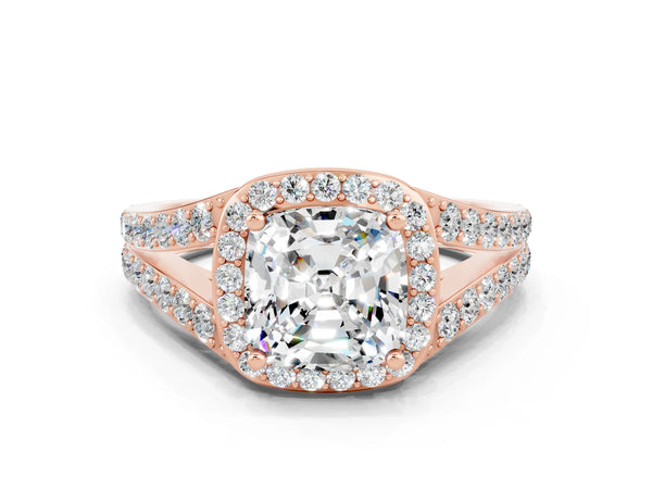 Rose gold Cushion Cut Moissanite Split Shank Halo Ring with Four-Prong Setting