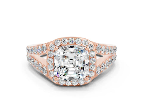 Rose gold Cushion Cut Moissanite Split Shank Halo Ring with Four-Prong Setting_12