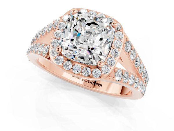 Rose gold Cushion Cut Moissanite Split Shank Halo Ring with Four-Prong Setting