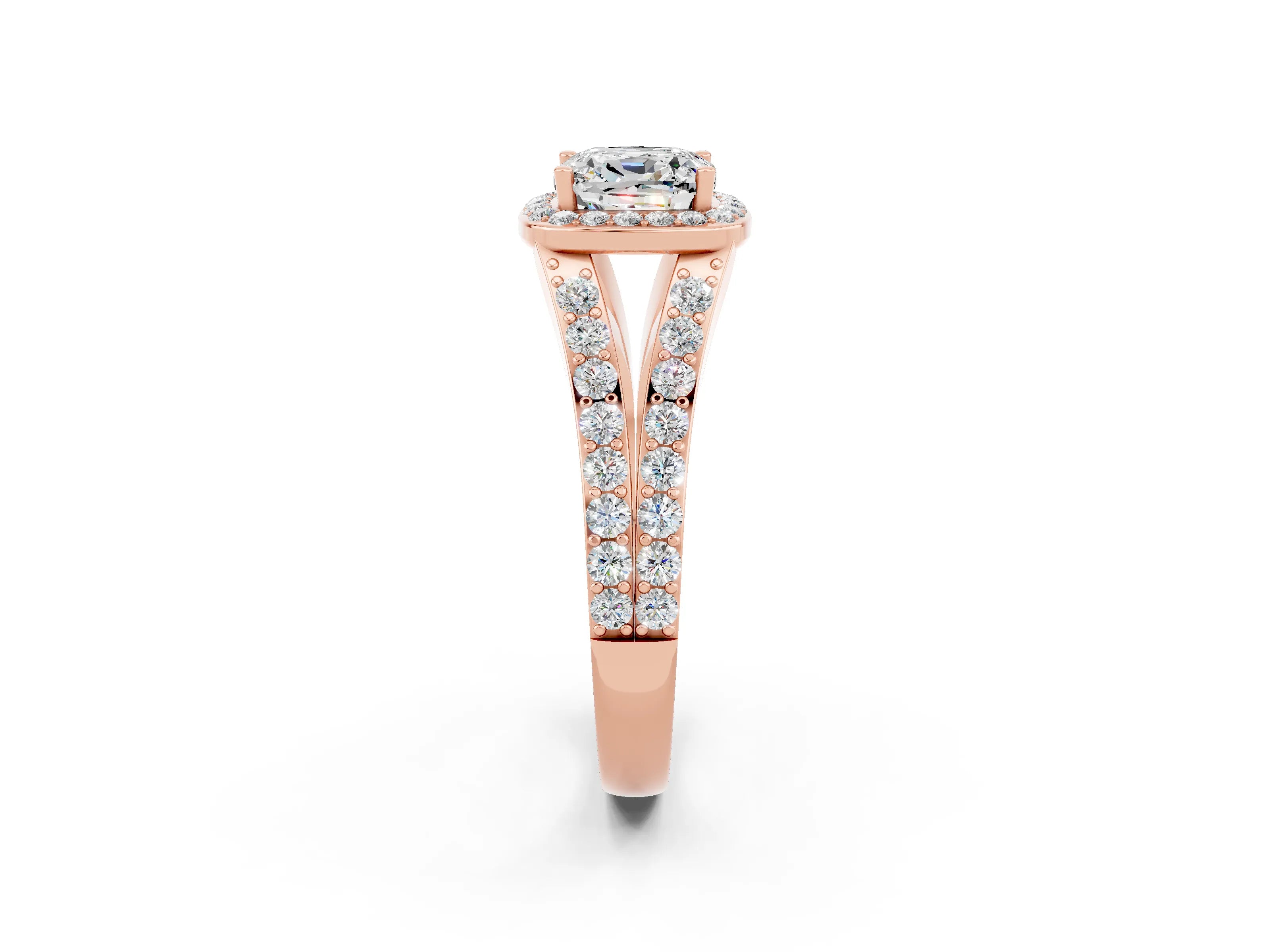 Rose gold Cushion Cut Moissanite Split Shank Halo Ring with Four-Prong Setting_14