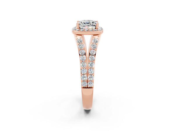 Rose gold Cushion Cut Moissanite Split Shank Halo Ring with Four-Prong Setting