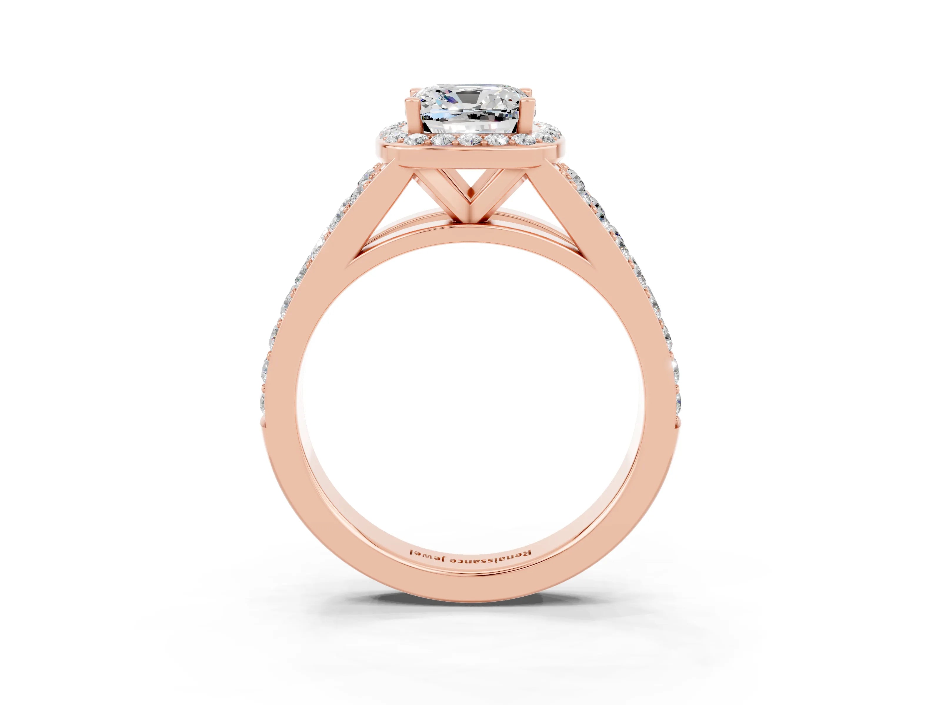Rose gold Cushion Cut Moissanite Split Shank Halo Ring with Four-Prong Setting_15