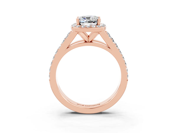 Rose gold Cushion Cut Moissanite Split Shank Halo Ring with Four-Prong Setting