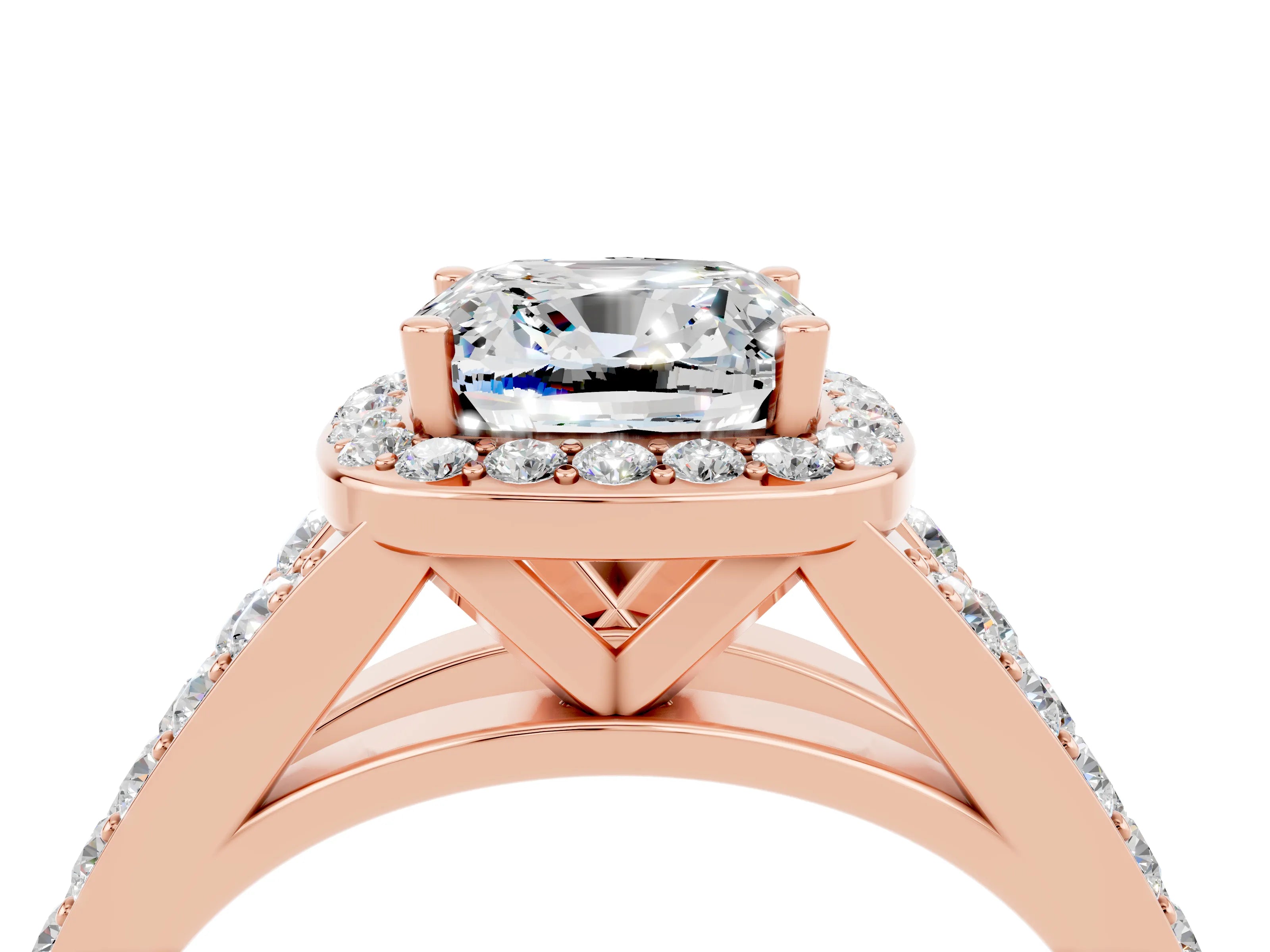 Rose gold Cushion Cut Moissanite Split Shank Halo Ring with Four-Prong Setting_16