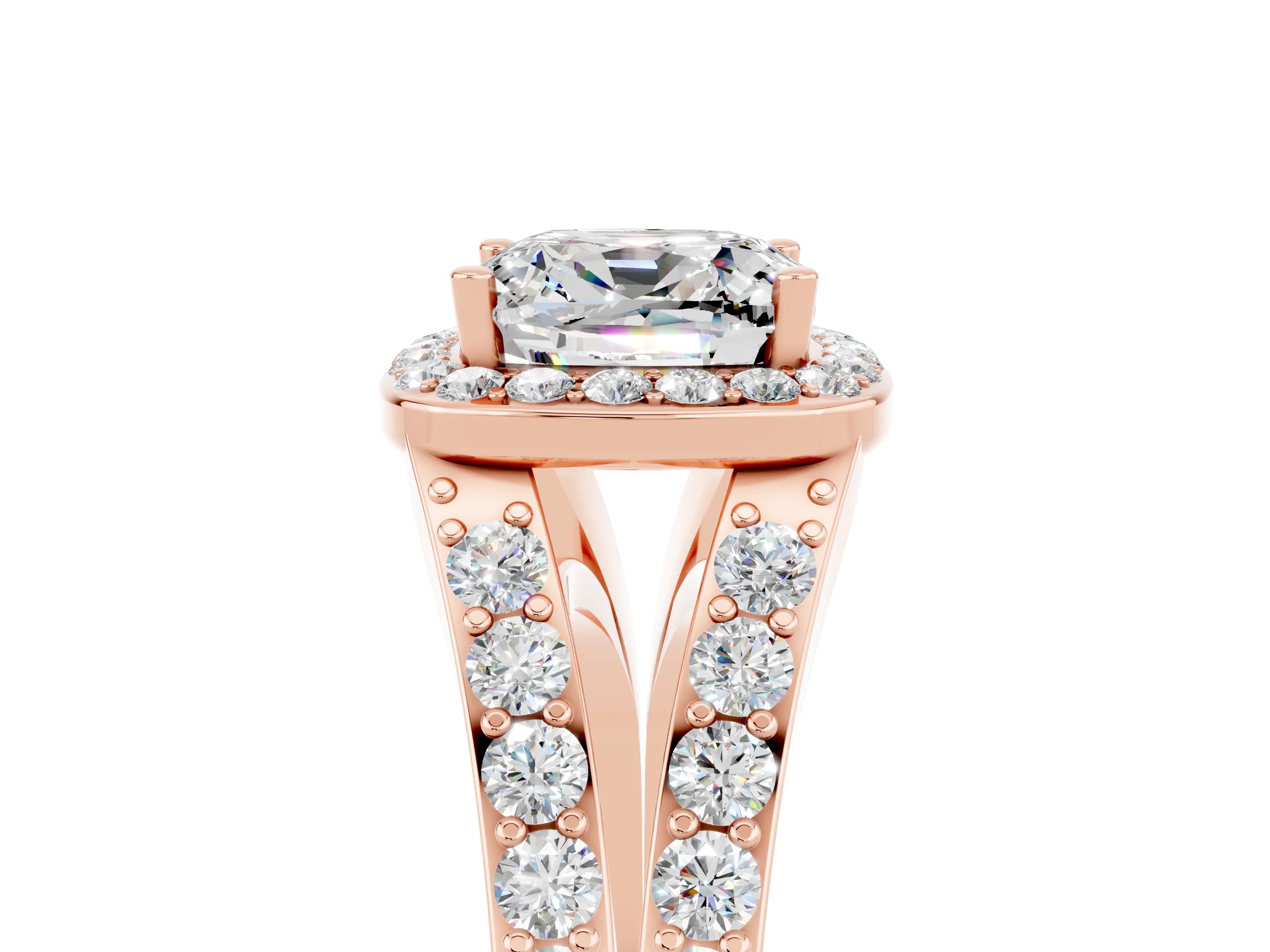 Rose gold Cushion Cut Moissanite Split Shank Halo Ring with Four-Prong Setting_17