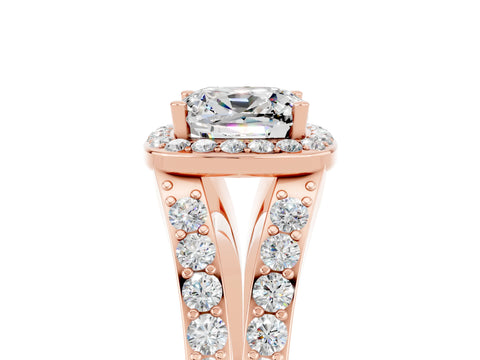 Rose gold Cushion Cut Moissanite Split Shank Halo Ring with Four-Prong Setting_17