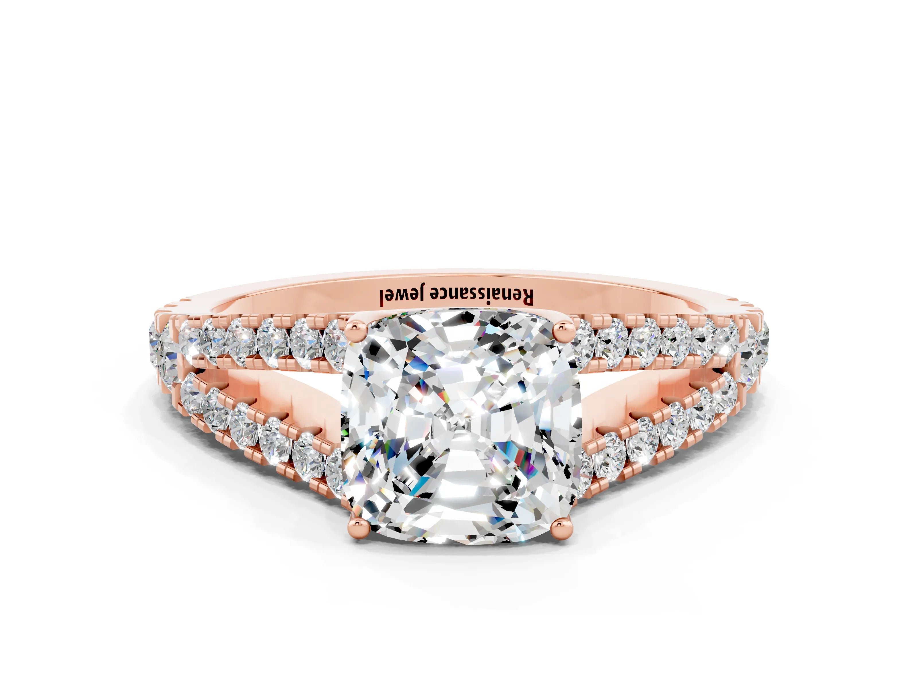 Rose gold Cushion Cut Moissanite Split Shank Pavé Engagement Ring with Four-Prong Setting_33