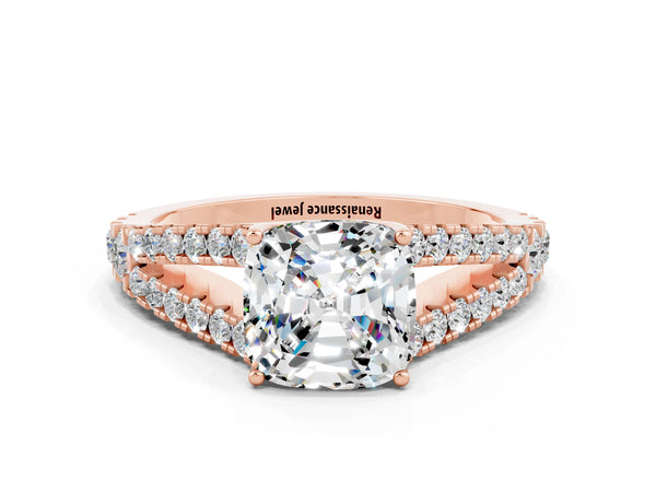 Rose gold Cushion Cut Moissanite Split Shank Pavé Engagement Ring with Four-Prong Setting