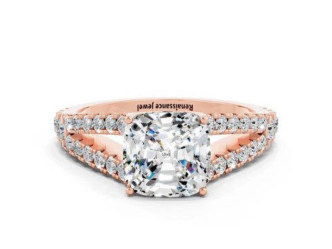 Rose gold Cushion Cut Moissanite Split Shank Pavé Engagement Ring with Four-Prong Setting_33