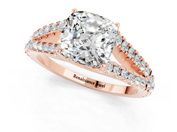 Rose gold Cushion Cut Moissanite Split Shank Pavé Engagement Ring with Four-Prong Setting