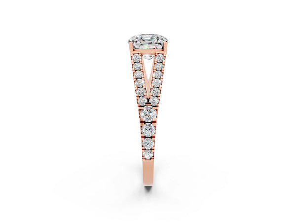 Rose gold Cushion Cut Moissanite Split Shank Pavé Engagement Ring with Four-Prong Setting