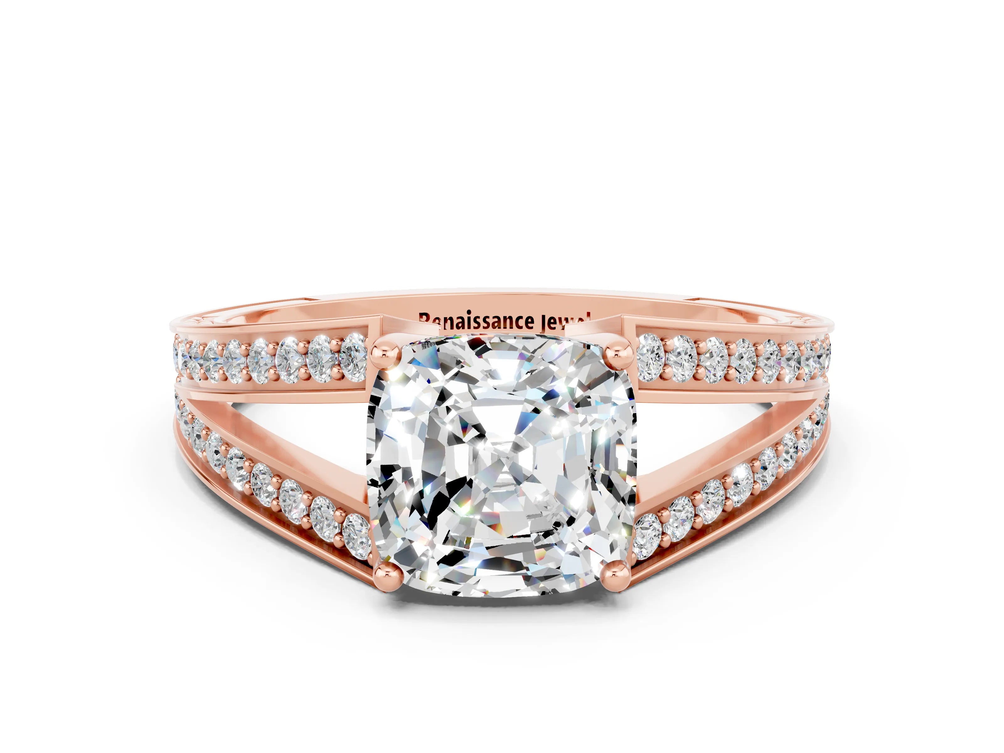 Rose gold Cushion Cut Moissanite Split Shank Ring with Pavé Band and Four-Prong Setting