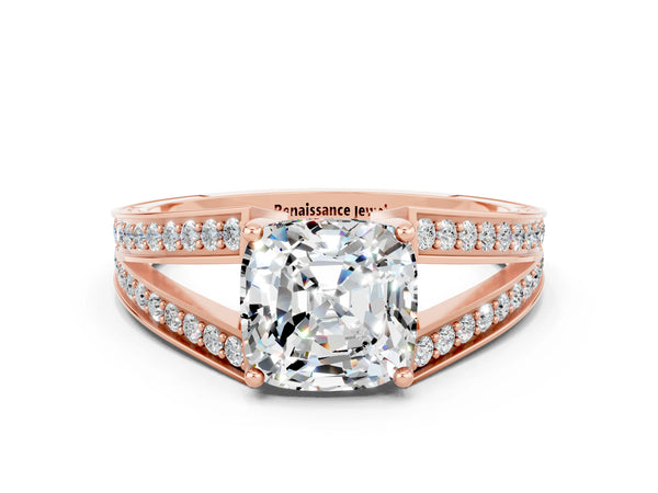 Rose gold Cushion Cut Moissanite Split Shank Ring with Pavé Band and Four-Prong Setting