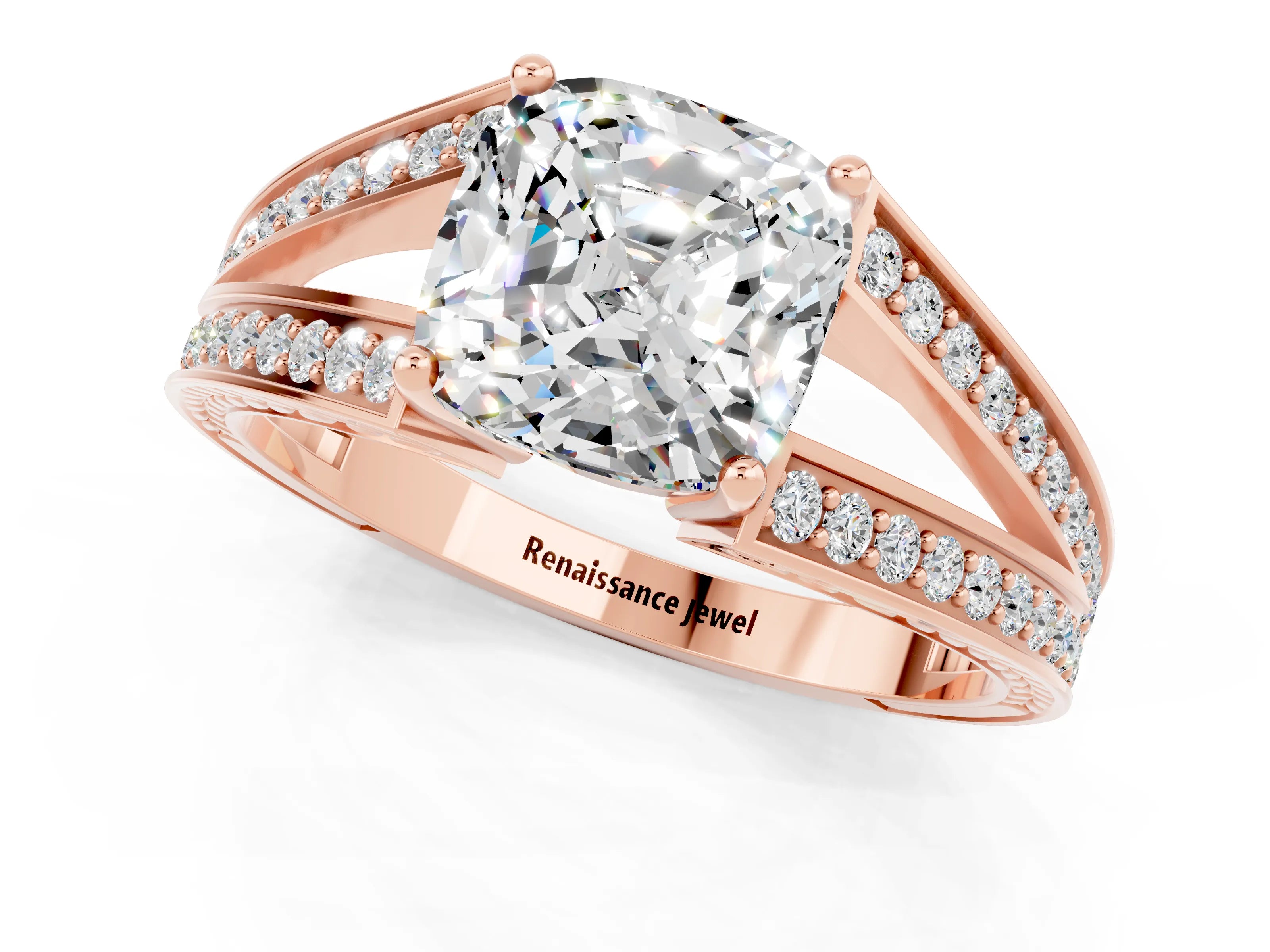Rose gold Cushion Cut Moissanite Split Shank Ring with Pavé Band and Four-Prong Setting_1