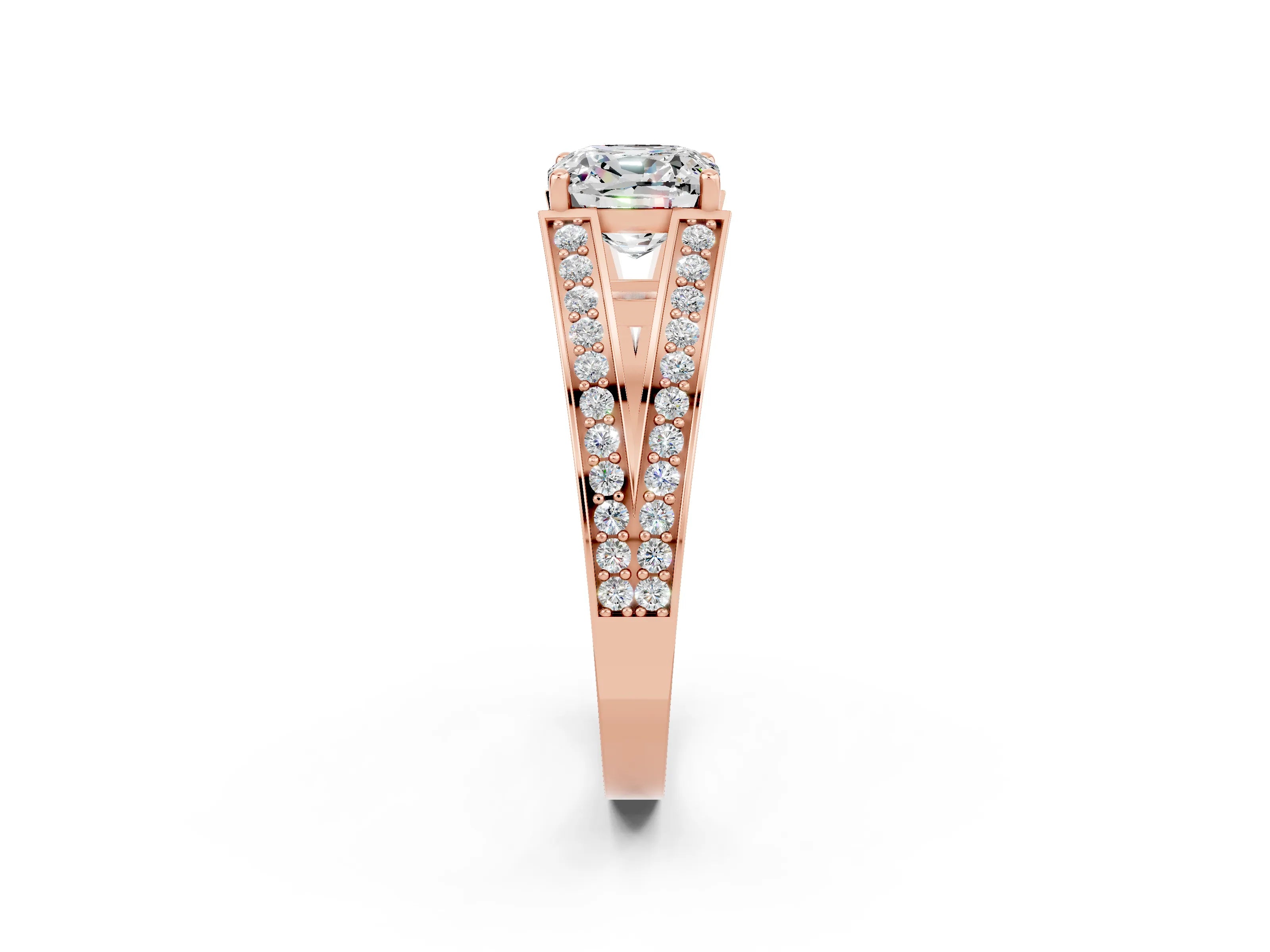 Rose gold Cushion Cut Moissanite Split Shank Ring with Pavé Band and Four-Prong Setting_2