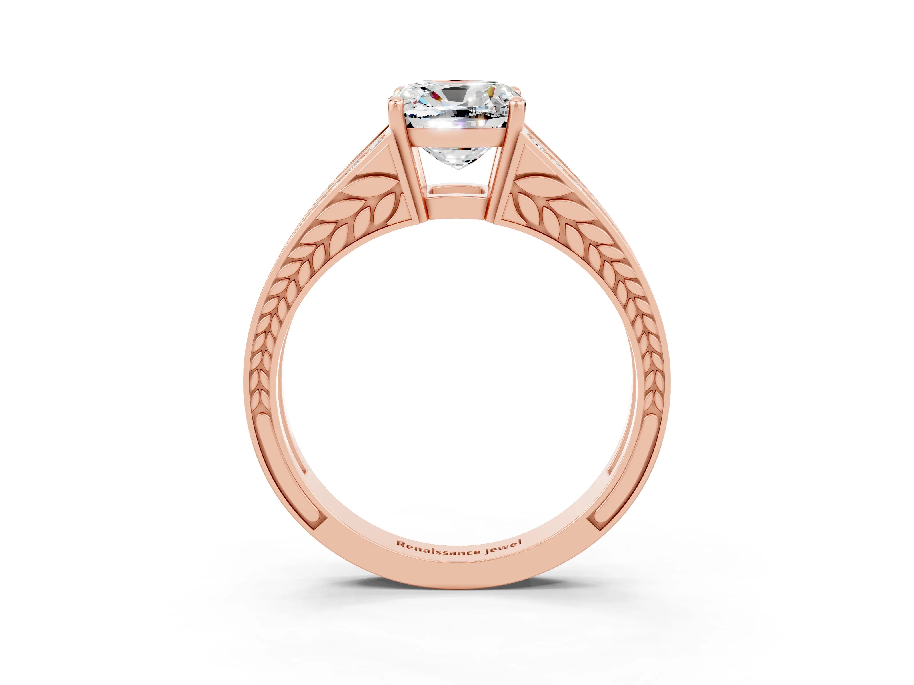 Rose gold Cushion Cut Moissanite Split Shank Ring with Pavé Band and Four-Prong Setting_3