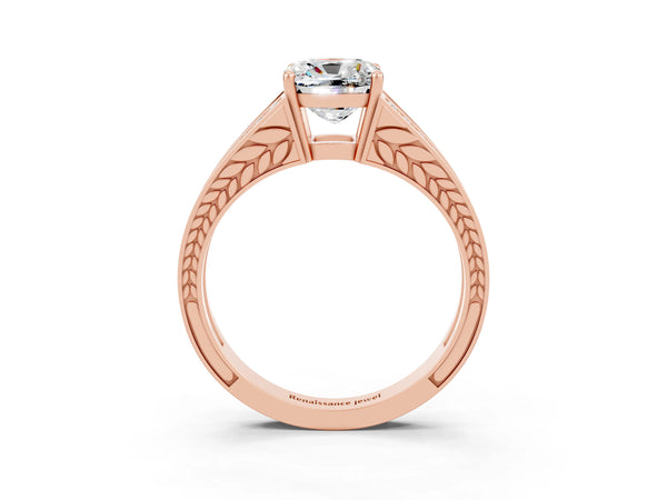 Rose gold Cushion Cut Moissanite Split Shank Ring with Pavé Band and Four-Prong Setting