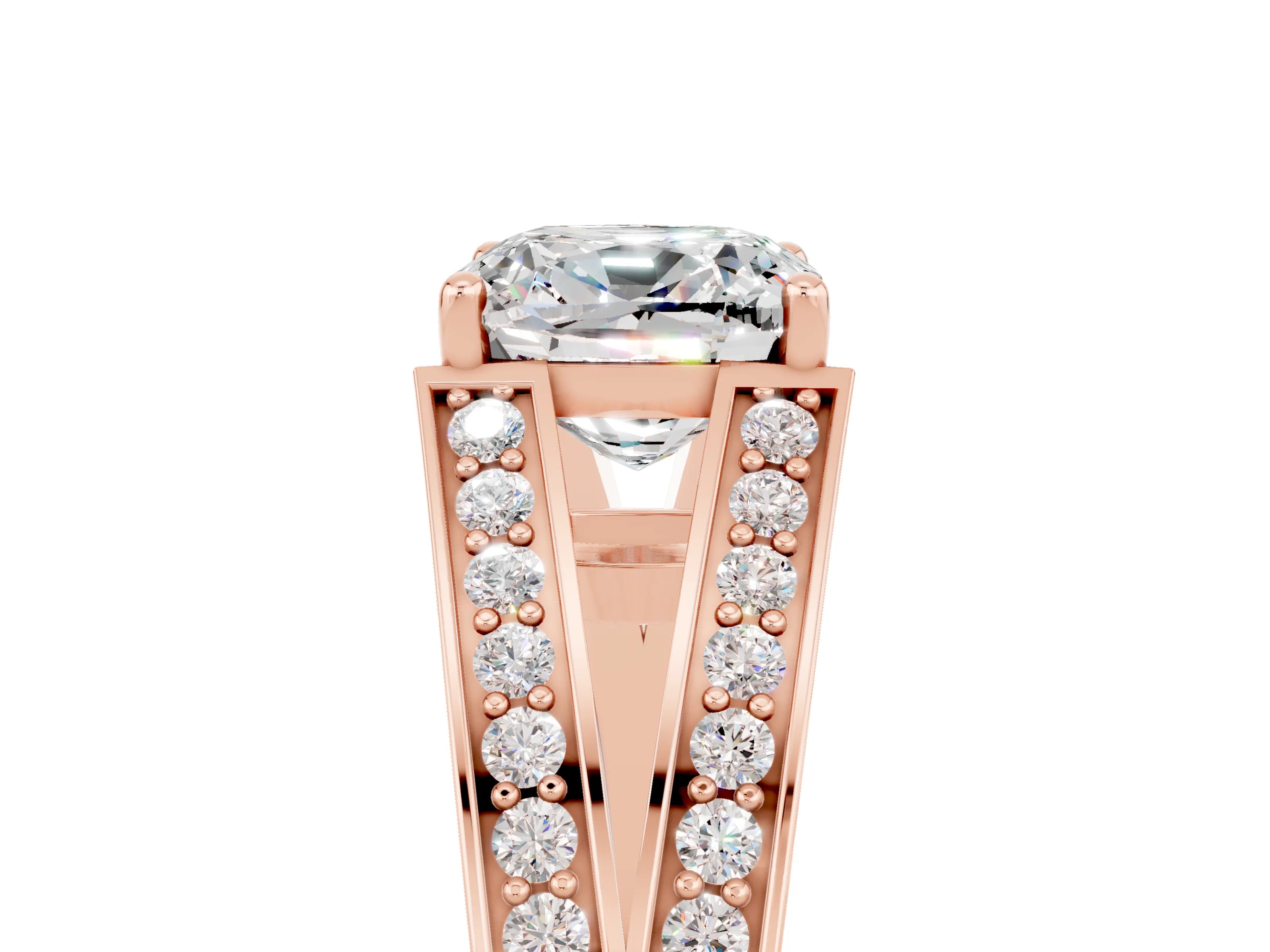 Rose gold Cushion Cut Moissanite Split Shank Ring with Pavé Band and Four-Prong Setting_5