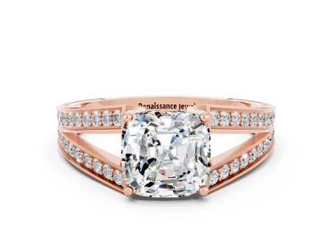 Rose gold Cushion Cut Moissanite Split Shank Ring with Pavé Band and Four-Prong Setting