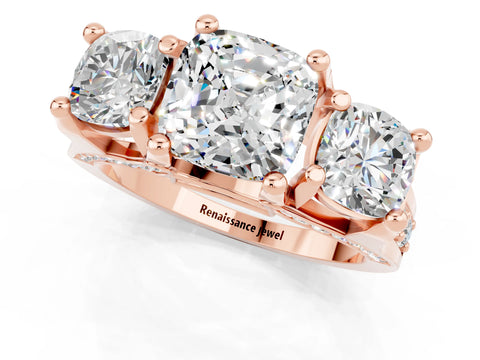 Rose gold Cushion Cut Moissanite Three-Stone Ring with Channel Set Band and Four-Prong Setting_1