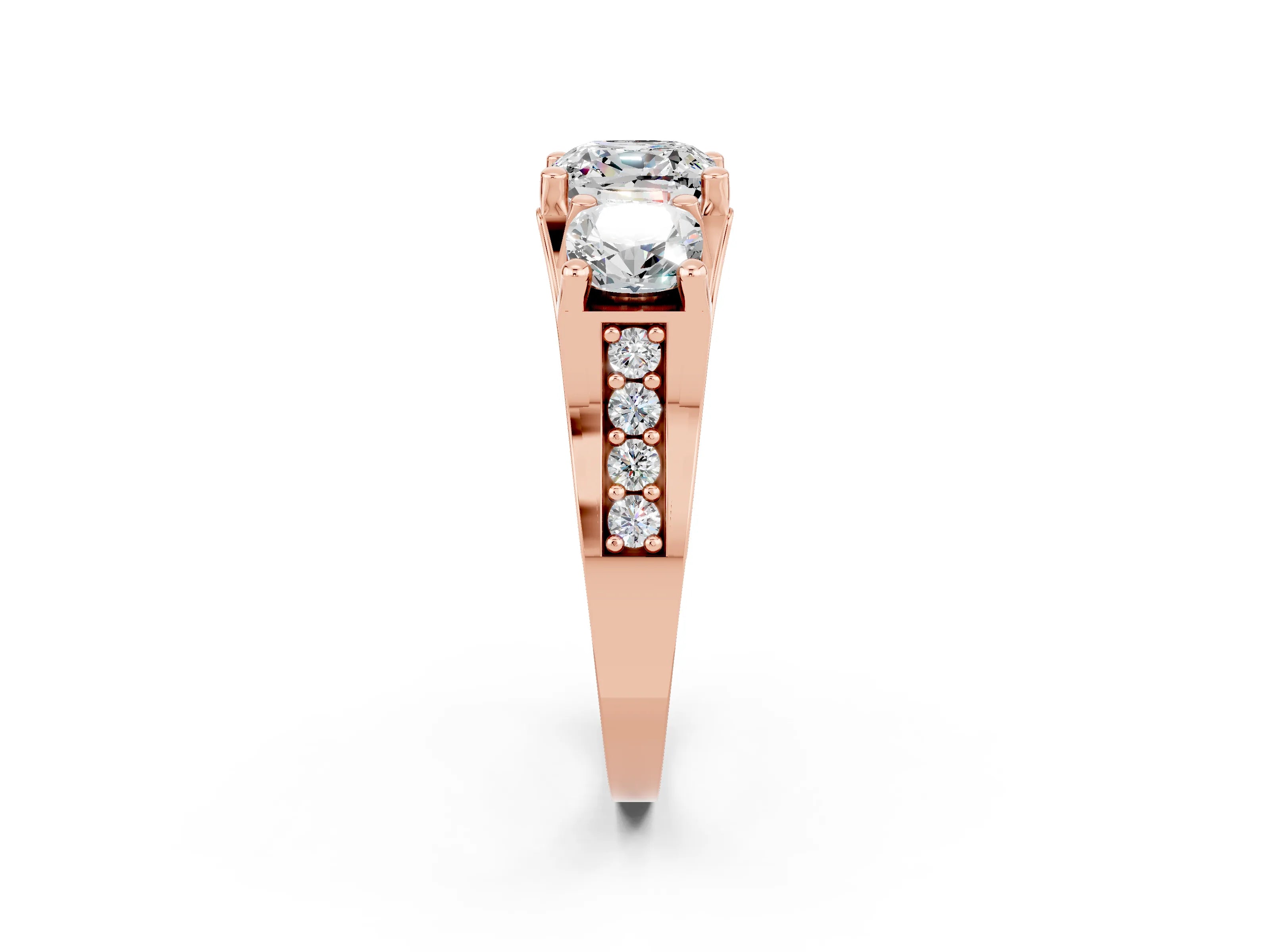 Rose gold Cushion Cut Moissanite Three-Stone Ring with Channel Set Band and Four-Prong Setting_2