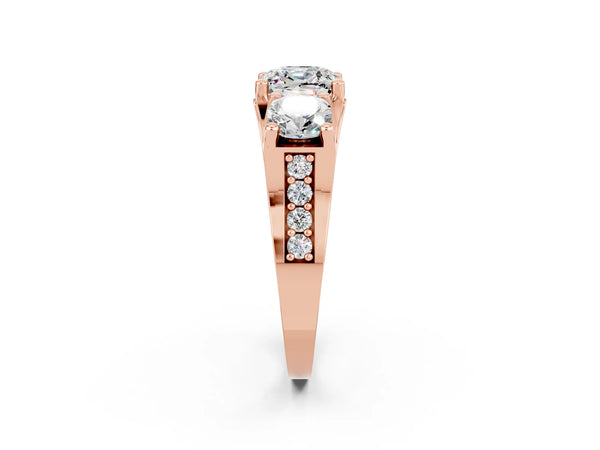 Rose gold Cushion Cut Moissanite Three-Stone Ring with Channel Set Band and Four-Prong Setting