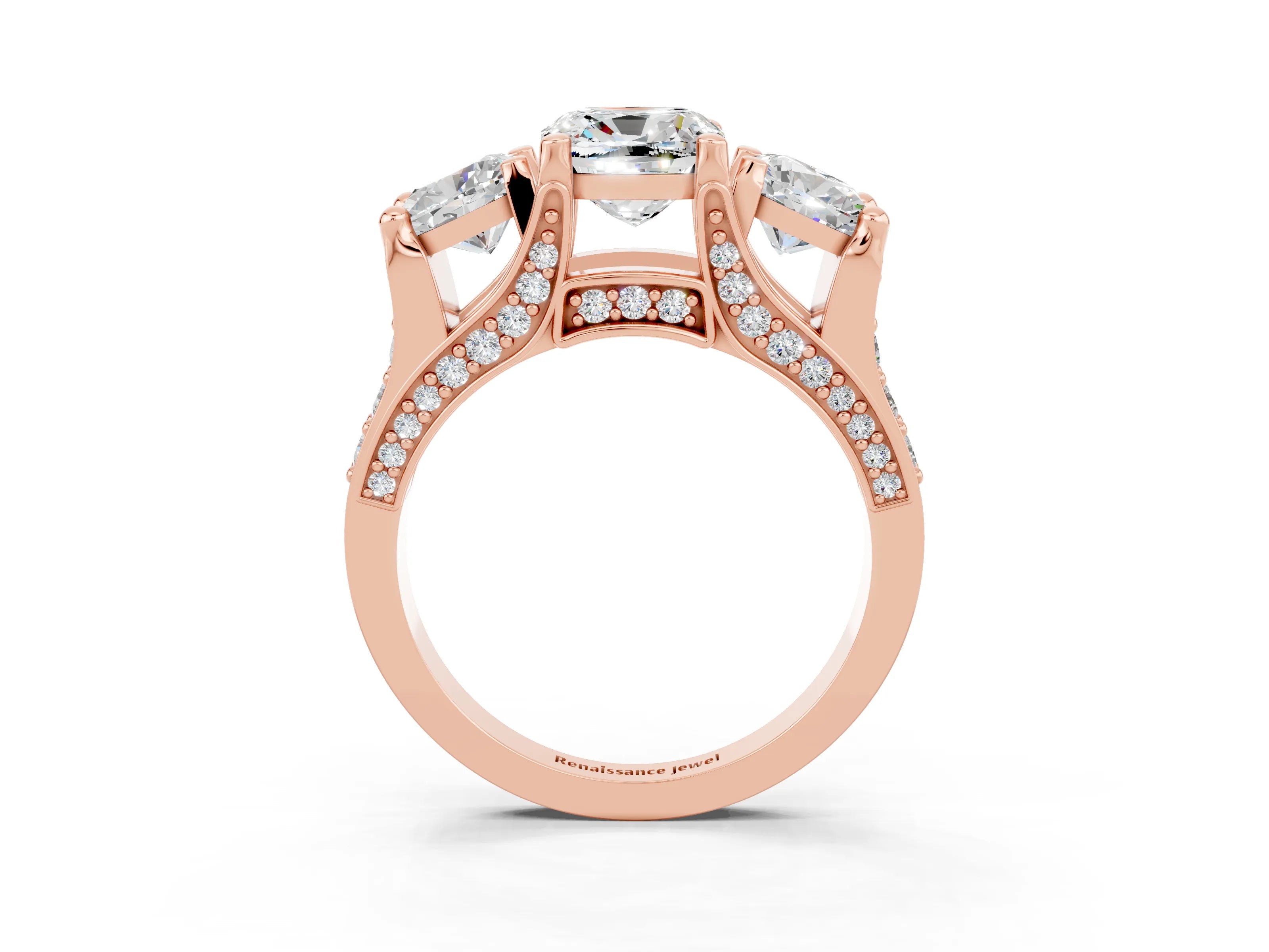 Rose gold Cushion Cut Moissanite Three-Stone Ring with Channel Set Band and Four-Prong Setting_3