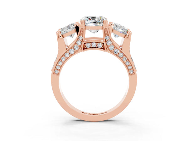 Rose gold Cushion Cut Moissanite Three-Stone Ring with Channel Set Band and Four-Prong Setting