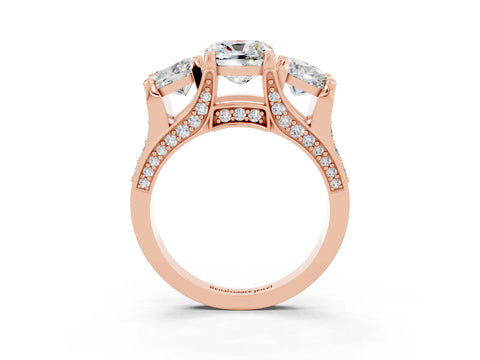 Rose gold Cushion Cut Moissanite Three-Stone Ring with Channel Set Band and Four-Prong Setting_3