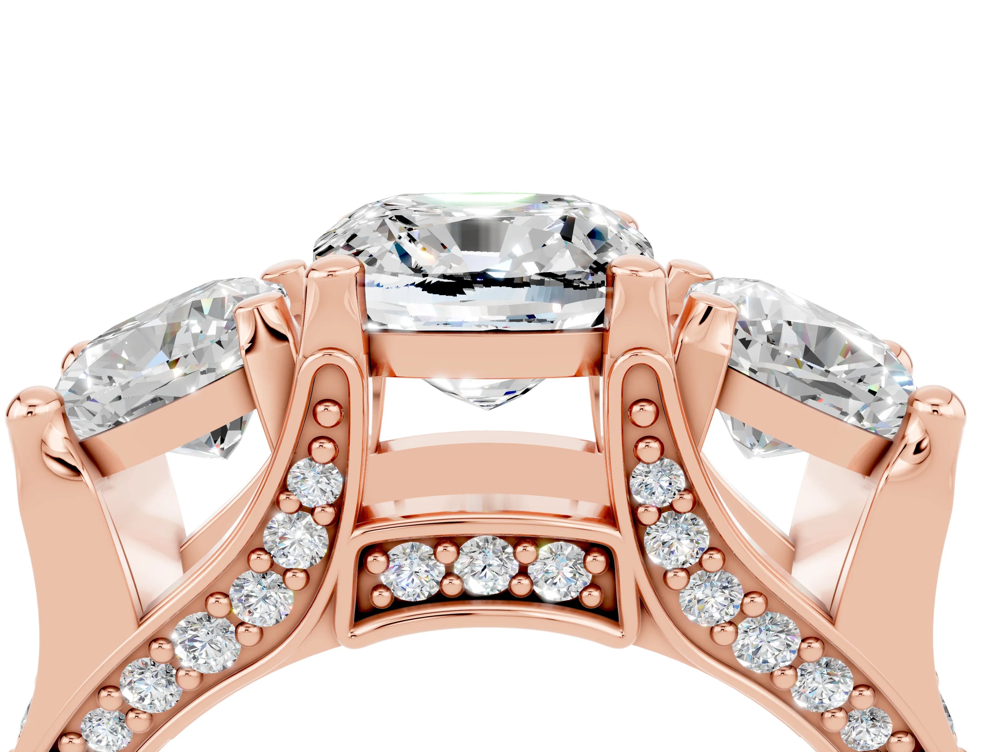 Rose gold Cushion Cut Moissanite Three-Stone Ring with Channel Set Band and Four-Prong Setting_4