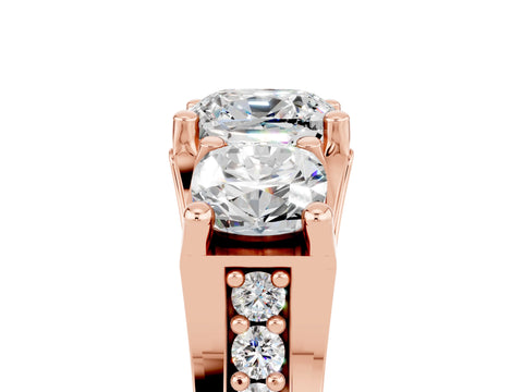 Rose gold Cushion Cut Moissanite Three-Stone Ring with Channel Set Band and Four-Prong Setting_5