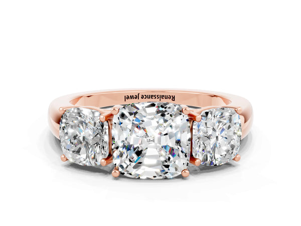 Rose gold Cushion Cut Moissanite Three-Stone Ring with Four-Prong Setting and Classic Band