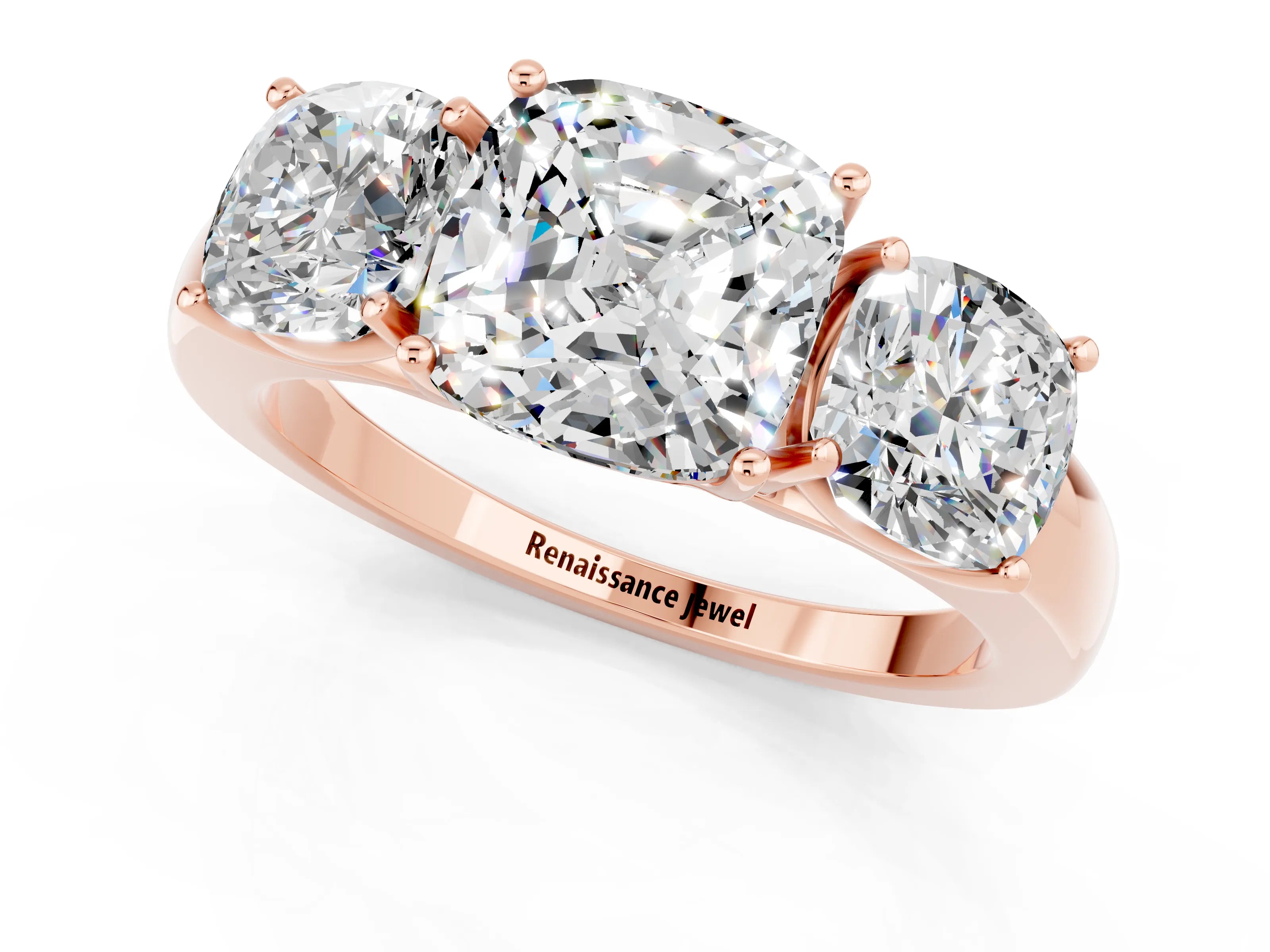 Rose gold Cushion Cut Moissanite Three-Stone Ring with Four-Prong Setting and Classic Band_1