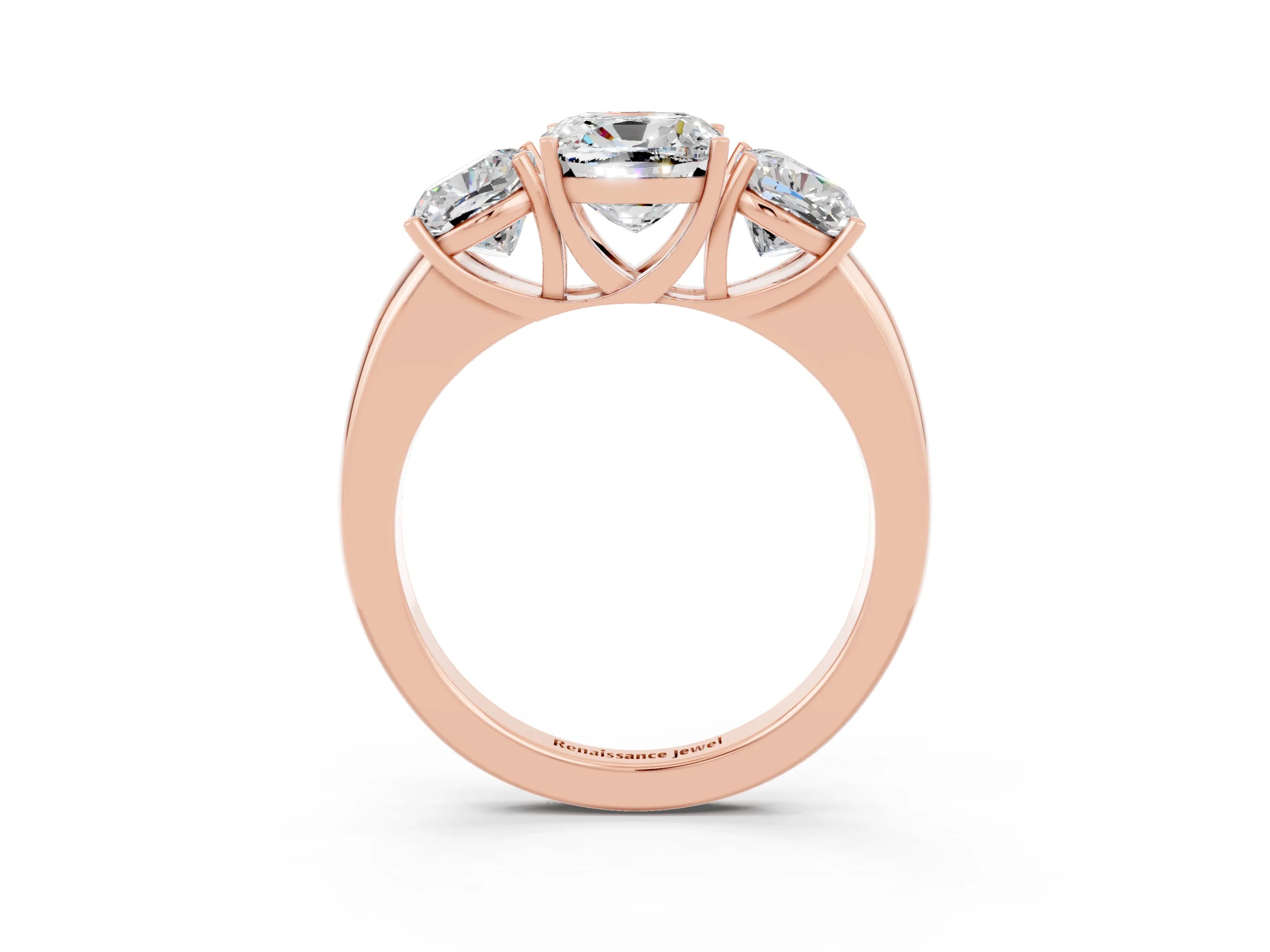 Rose gold Cushion Cut Moissanite Three-Stone Ring with Four-Prong Setting and Classic Band_3
