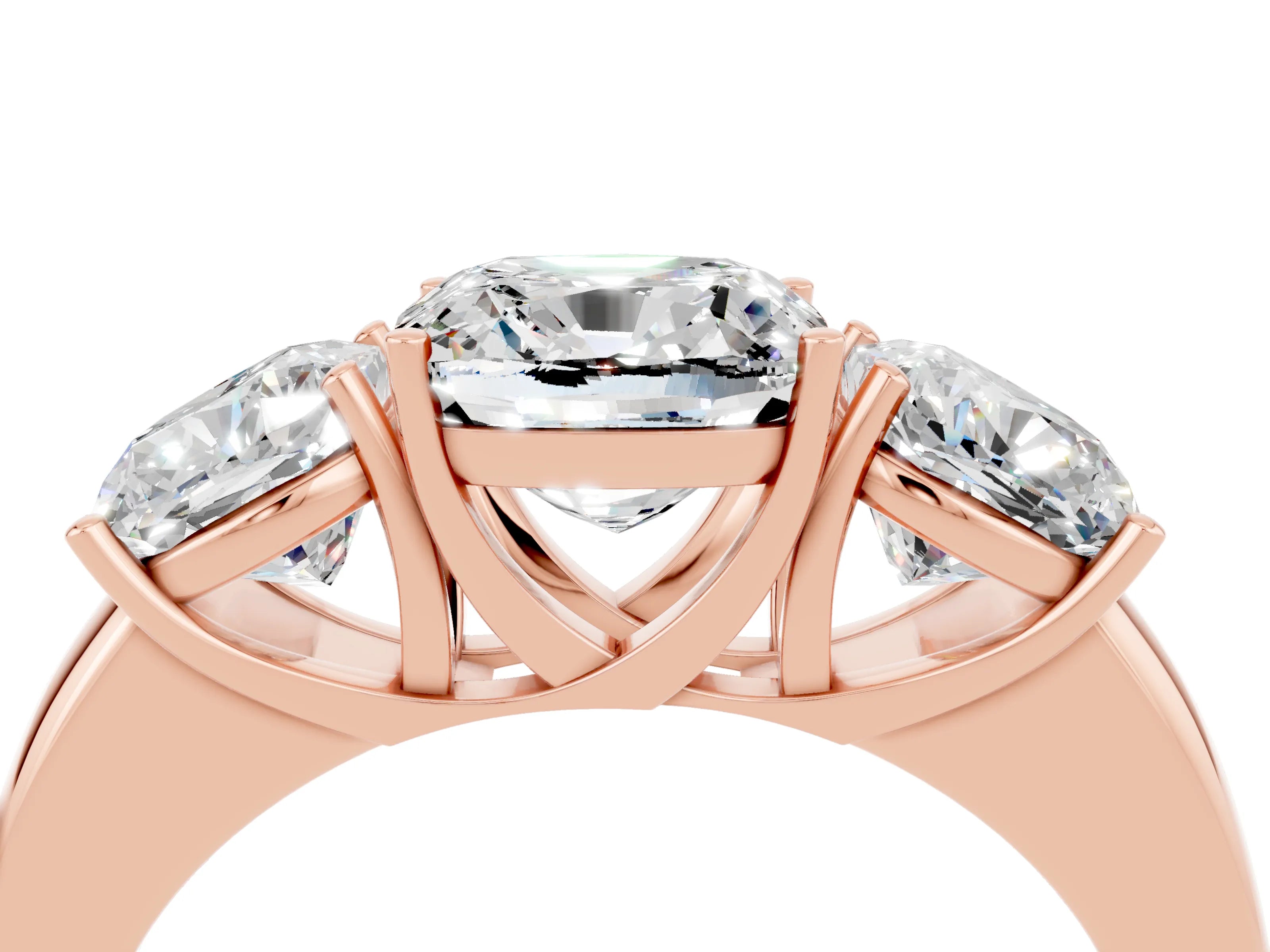 Rose gold Cushion Cut Moissanite Three-Stone Ring with Four-Prong Setting and Classic Band_4