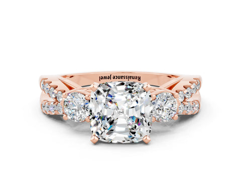 Rose gold Cushion Cut Moissanite Three-Stone Ring with Pavé Split Shank and Four-Prong Setting_12