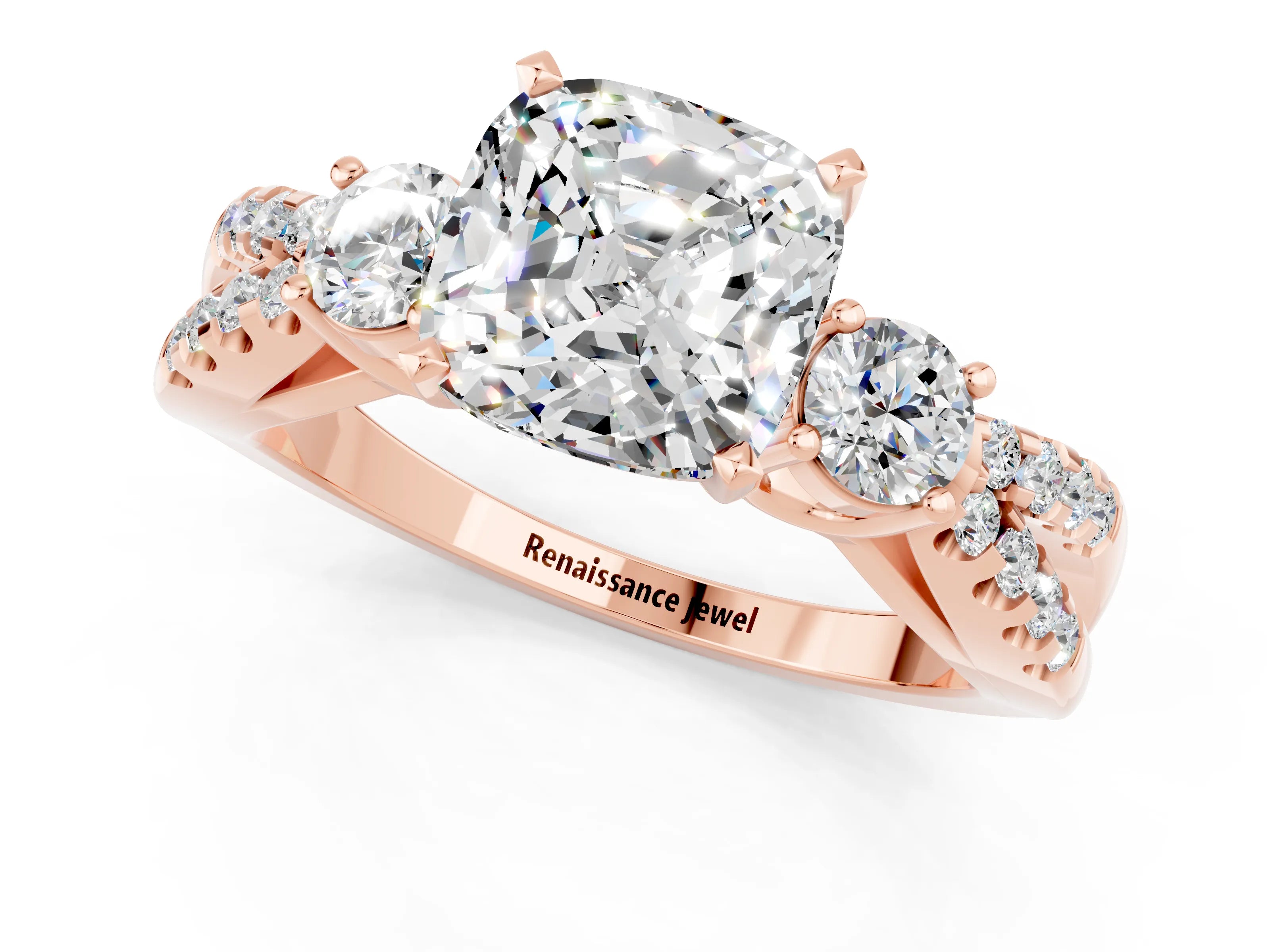 Rose gold Cushion Cut Moissanite Three-Stone Ring with Pavé Split Shank and Four-Prong Setting_13